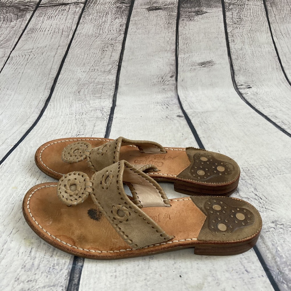 Calypso By Jack Rogers Sandal Womens Size 7 Leather thong Slip On Natural Flat - Picture 3 of 8